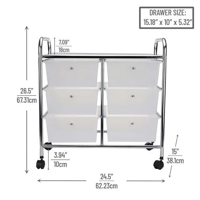 Alt view image 3 of 7 - Rolling Cart with Drawers, Utility Cart, Craft Storage, Kitchen, Metal, 24.25"L x 15.25"W x26.25"H, White, Silver