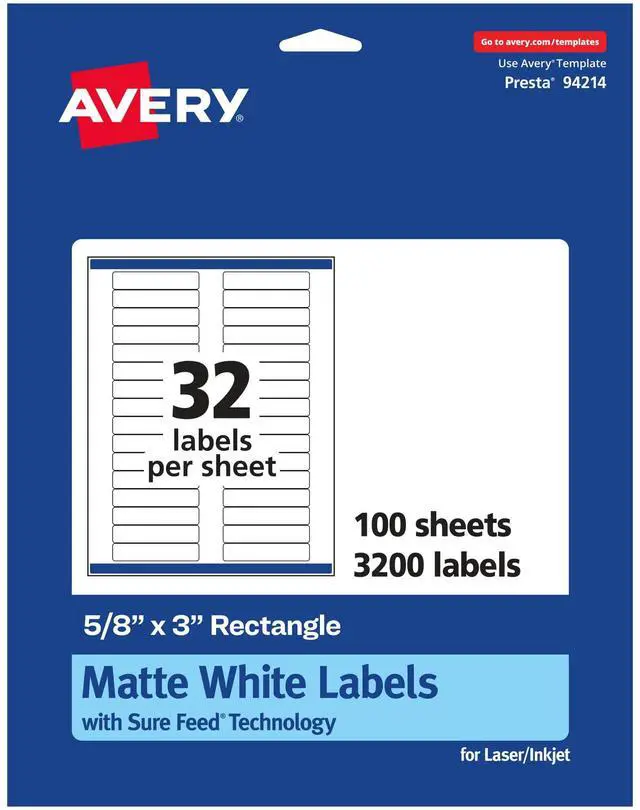 Main image of ® Matte White Rectangle Labels, Sure Feed® Technology, 5/8" x 3", 3,200 Matte White Printable Labels