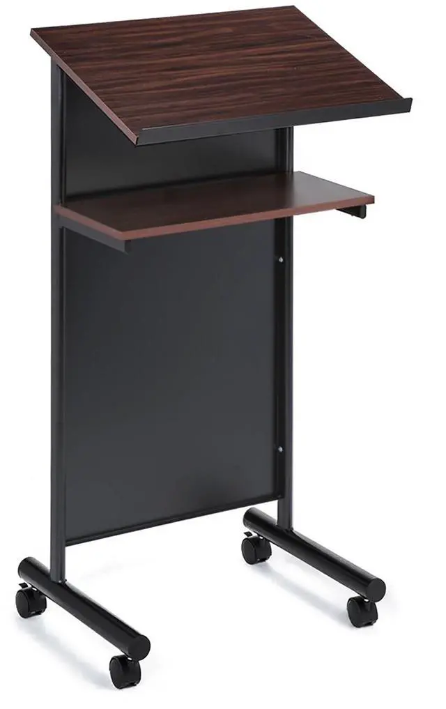 Main image of Wheeled Lectern Podium - Standing Desk with Storage Shelf - Cherry/Black - Ideal for Presentations and Laptop Use