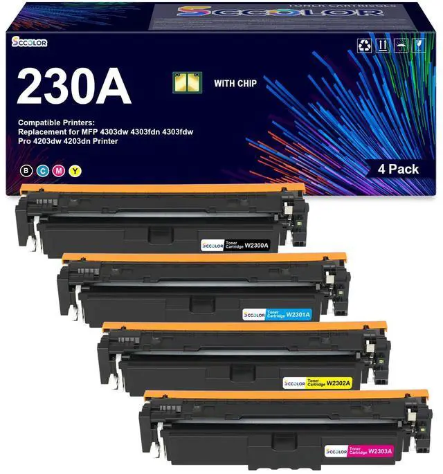 Main image of 230 230A Toner Cartridges W2300A W2301A W2302A W2303A-4Pack | High Yield with New Chip Replacement for Color Pro 4203dn 4203dw 4303dw 4303fdw 4303fdn Printer