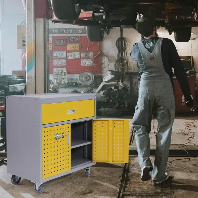 Alt view image 2 of 6 - Metal Storage Cabinet with Wheels 30" x 18" x 34" Mobile Metal Garage Cabinet with 1 Drawer & 2 Doors Small Rolling Tool Storage Cabinet with 1 Adjustable Shelf & 4 Hanging Hooks, Yellow & Gray