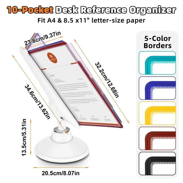 Alt view image 2 of 7 - 10-Pocket Desktop Reference & Display System with 360° Adjustable Base, Fast Flip & Find Desk Reference Organizer, A4/Letter Size 10 Double-Sided Panels with 5-Color Borders & Index Tabs, White