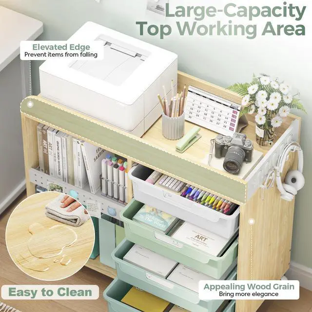 Alt view image 3 of 7 - Craft Organizers and Art Supply Storage, Art Cart, Rolling Cart with 4 Drawers & Metal Pegboard, 5 Hooks, Cute Macaron Color Magnets for Craft Room, Office, Classroom,Mint Green