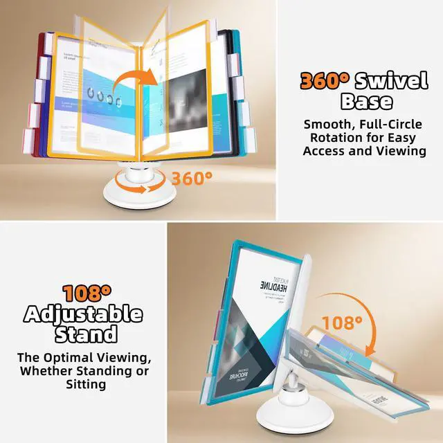 Alt view image 3 of 7 - 10-Pocket Desktop Reference & Display System with 360° Adjustable Base, Fast Flip & Find Desk Reference Organizer, A4/Letter Size 10 Double-Sided Panels with 5-Color Borders & Index Tabs, White