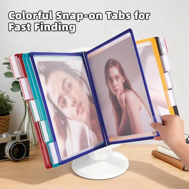 Alt view image 4 of 7 - 10-Pocket Desktop Reference & Display System with 360° Adjustable Base, Fast Flip & Find Desk Reference Organizer, A4/Letter Size 10 Double-Sided Panels with 5-Color Borders & Index Tabs, White