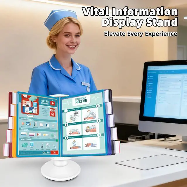 Alt view image 6 of 7 - 10-Pocket Desktop Reference & Display System with 360° Adjustable Base, Fast Flip & Find Desk Reference Organizer, A4/Letter Size 10 Double-Sided Panels with 5-Color Borders & Index Tabs, White