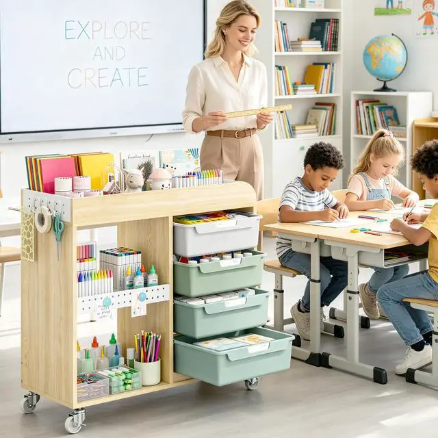 Alt view image 5 of 7 - Craft Organizers and Art Supply Storage, Art Cart, Rolling Cart with 4 Drawers & Metal Pegboard, 5 Hooks, Cute Macaron Color Magnets for Craft Room, Office, Classroom,Mint Green