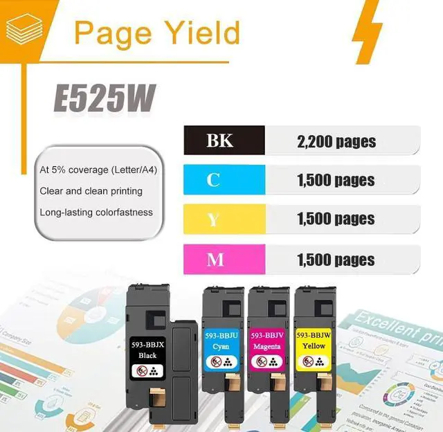 Alt view image 3 of 6 - E525W Toner Cartridges Black Cyan Magenta Yellow Replacement for Dell 593-BBJX 593-BBJU 593-BBJV 593-BBJW E525 E525W Printer Ink, 4 Pack(1BK/1C/1M/1Y)