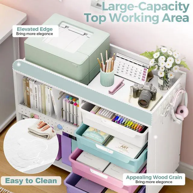 Alt view image 3 of 7 - Craft Organizers and Art Supply Storage, Art Cart, Rolling Cart with 4 Drawers & Metal Pegboard, 5 Hooks, Cute Macaron Color Magnets for Craft Room, Office, Classroom, Ice Cream