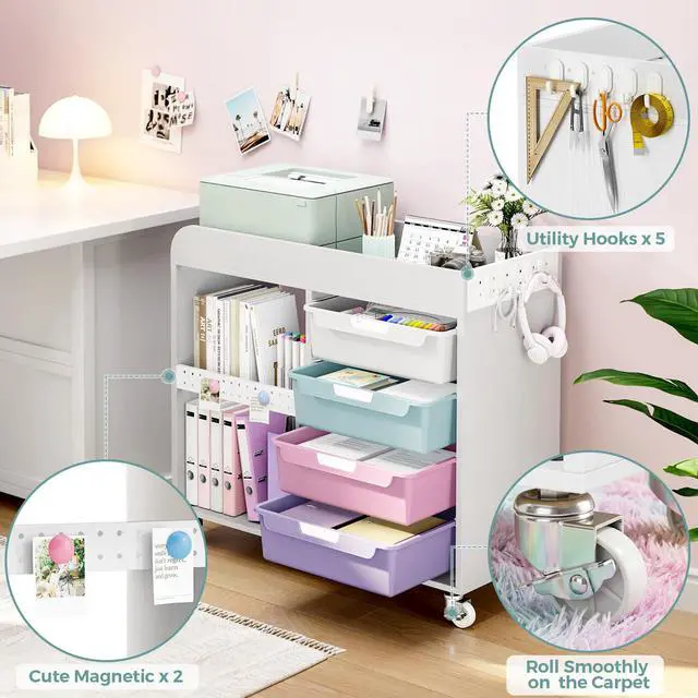 Alt view image 4 of 7 - Craft Organizers and Art Supply Storage, Art Cart, Rolling Cart with 4 Drawers & Metal Pegboard, 5 Hooks, Cute Macaron Color Magnets for Craft Room, Office, Classroom, Ice Cream