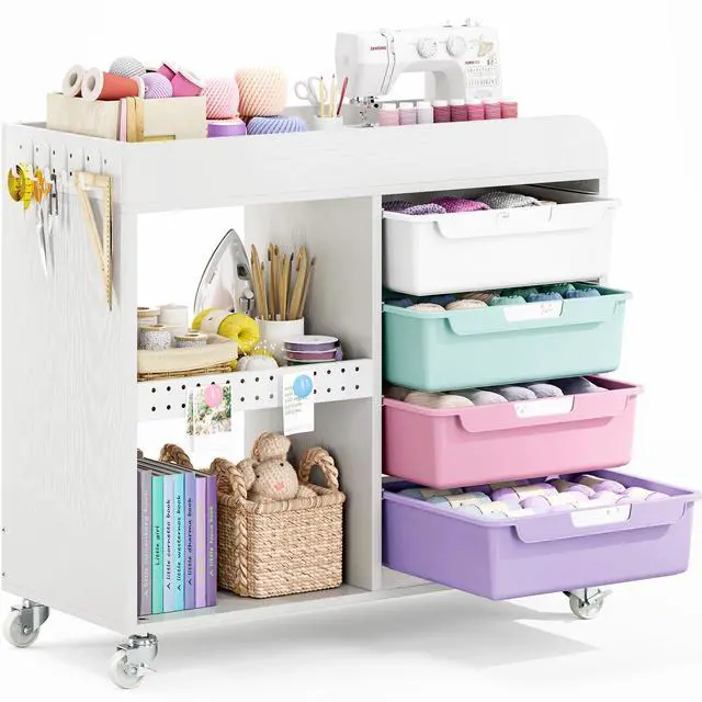 Main image of Craft Organizers and Art Supply Storage, Art Cart, Rolling Cart with 4 Drawers & Metal Pegboard, 5 Hooks, Cute Macaron Color Magnets for Craft Room, Office, Classroom, Ice Cream