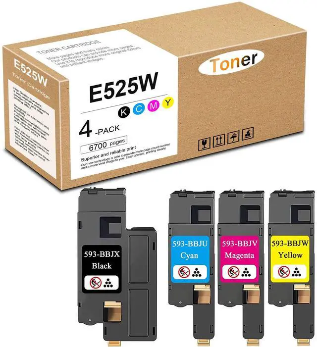 Main image of E525W Toner Cartridges Black Cyan Magenta Yellow Replacement for Dell 593-BBJX 593-BBJU 593-BBJV 593-BBJW E525 E525W Printer Ink, 4 Pack(1BK/1C/1M/1Y)