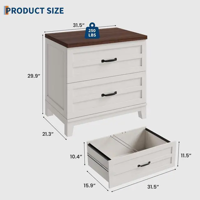 Alt view image 2 of 7 - 2 Drawer Farmhouse Lateral File Cabinet for Home Office, Deep Filing Drawers Fit Legal Letter & A4 Hanging Files, Wide Storage Cabinet with Heavy-Duty Frame & Spacious Top, Retro Brown White