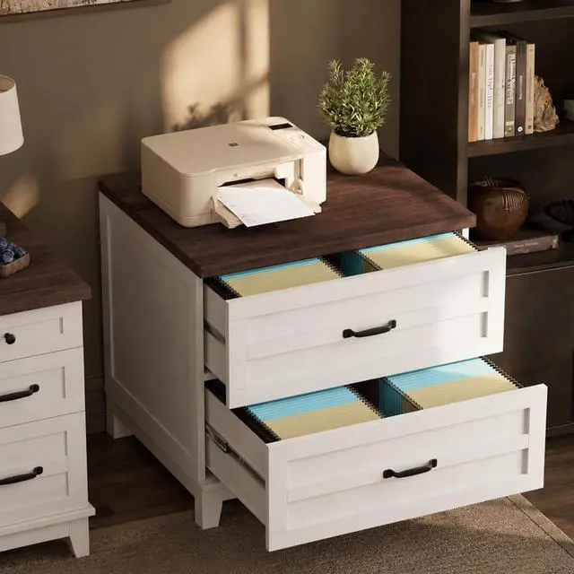 Alt view image 3 of 7 - 2 Drawer Farmhouse Lateral File Cabinet for Home Office, Deep Filing Drawers Fit Legal Letter & A4 Hanging Files, Wide Storage Cabinet with Heavy-Duty Frame & Spacious Top, Retro Brown White