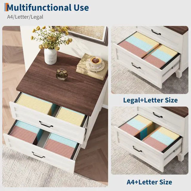 Alt view image 5 of 7 - 2 Drawer Farmhouse Lateral File Cabinet for Home Office, Deep Filing Drawers Fit Legal Letter & A4 Hanging Files, Wide Storage Cabinet with Heavy-Duty Frame & Spacious Top, Retro Brown White