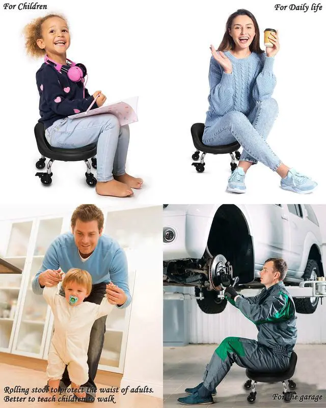Alt view image 7 of 7 - Rolling Stool with Backrest 450 Lbs High Weight Capacity PU Leather Roller Seat and Heavy-Duty Crystal Universal Wheels for Men Women Boy Girl Furniture Gift, Home Office Black