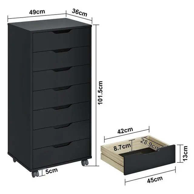 Alt view image 3 of 6 - 7 Drawer Mobile File Cabinet, Wooden Under Desk Storage with Wheels Office Organization Vertical Filing Chest of Drawers for Home Office (Black)