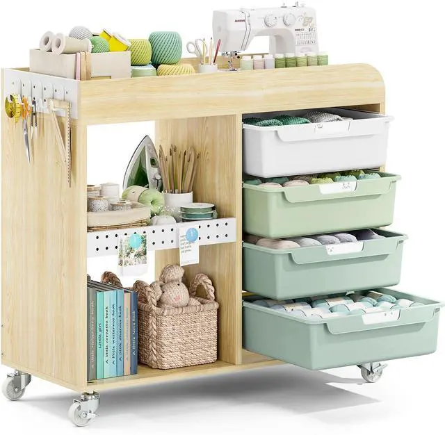 Main image of Craft Organizers and Art Supply Storage, Art Cart, Rolling Cart with 4 Drawers & Metal Pegboard, 5 Hooks, Cute Macaron Color Magnets for Craft Room, Office, Classroom,Mint Green
