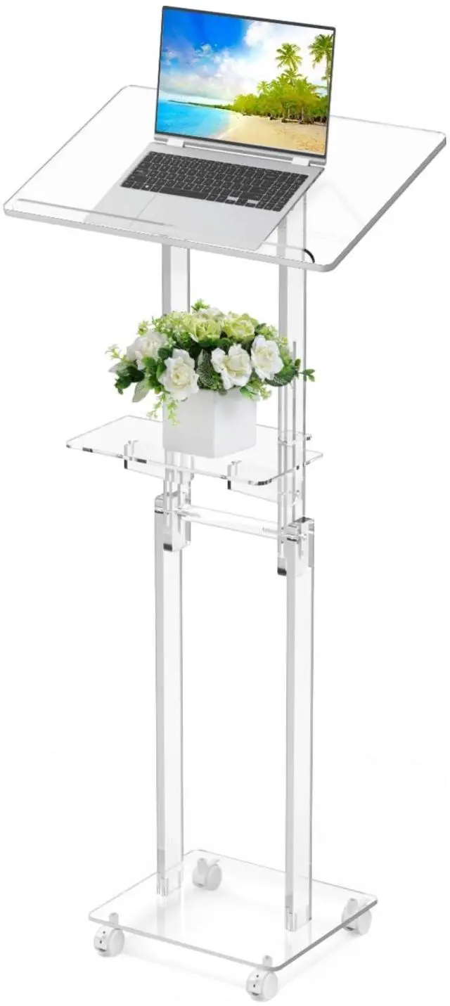 Main image of Acrylic Podium Stand Portable, Rolling Podium with Wheels, Clear Podium with Storage Shelf, Lockable Wheels for Churches, Classroom, Weddings, Speech (Adjustable Size, 37.8-47.2 inches Tall)