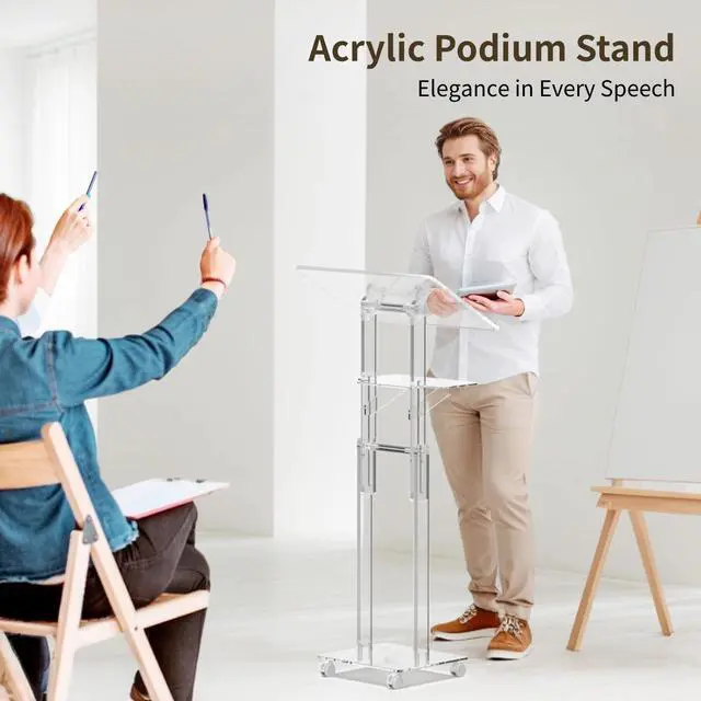 Alt view image 2 of 7 - Acrylic Podium Stand Portable, Rolling Podium with Wheels, Clear Podium with Storage Shelf, Lockable Wheels for Churches, Classroom, Weddings, Speech (Adjustable Size, 37.8-47.2 inches Tall)