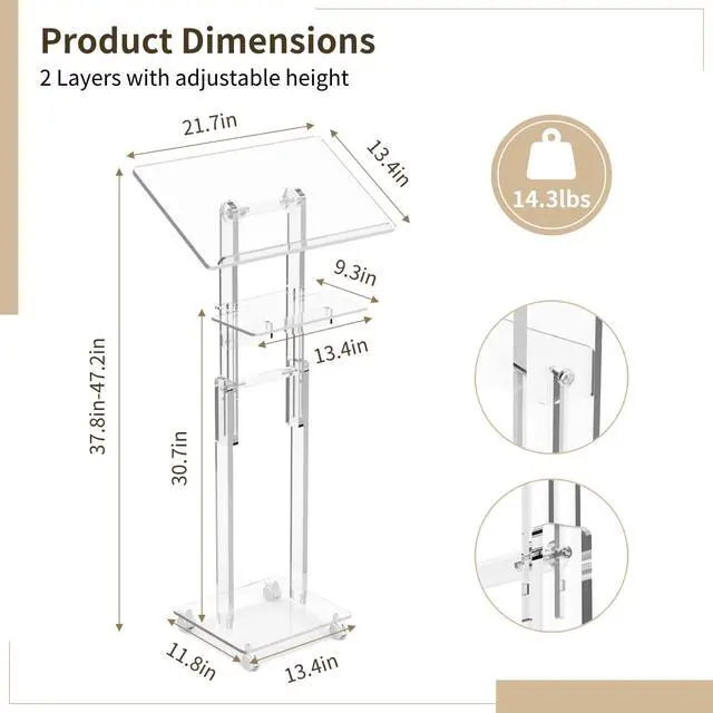 Alt view image 4 of 7 - Acrylic Podium Stand Portable, Rolling Podium with Wheels, Clear Podium with Storage Shelf, Lockable Wheels for Churches, Classroom, Weddings, Speech (Adjustable Size, 37.8-47.2 inches Tall)