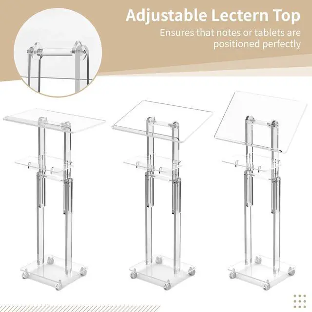 Alt view image 6 of 7 - Acrylic Podium Stand Portable, Rolling Podium with Wheels, Clear Podium with Storage Shelf, Lockable Wheels for Churches, Classroom, Weddings, Speech (Adjustable Size, 37.8-47.2 inches Tall)
