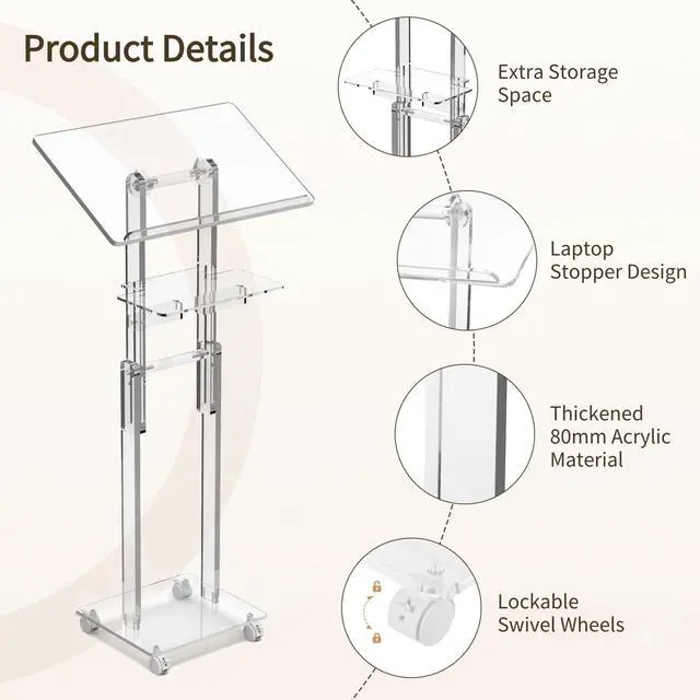 Alt view image 5 of 7 - Acrylic Podium Stand Portable, Rolling Podium with Wheels, Clear Podium with Storage Shelf, Lockable Wheels for Churches, Classroom, Weddings, Speech (Adjustable Size, 37.8-47.2 inches Tall)