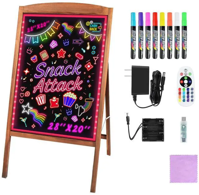 Main image of LED Message Writing Board 28"x20", Standing A-Frame Wooden LED Message Sign Board Illuminated Erasable Neon Restaurant Menu Sign, 8 Colors Markers & 16 Lighting Colors Flashing DIY Chalkboard