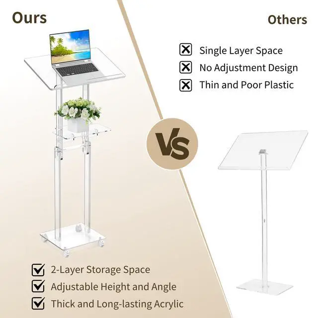 Alt view image 7 of 7 - Acrylic Podium Stand Portable, Rolling Podium with Wheels, Clear Podium with Storage Shelf, Lockable Wheels for Churches, Classroom, Weddings, Speech (Adjustable Size, 37.8-47.2 inches Tall)