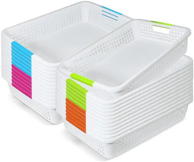 Main image of 24 Pack Classroom Storage Baskets 15''x10''x3'' Large Plastic Classroom Paper Trays with Handle Letter Size A4 Paper Toy Basket Turn in Trays for Library, Office Desk Drawer Organizing (24, White)