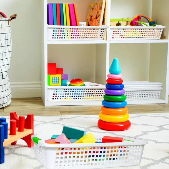 Alt view image 5 of 7 - 24 Pack Classroom Storage Baskets 15''x10''x3'' Large Plastic Classroom Paper Trays with Handle Letter Size A4 Paper Toy Basket Turn in Trays for Library, Office Desk Drawer Organizing (24, White)