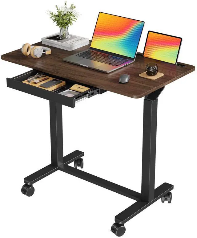 Main image of Mobile Standing Desk with Drawer, Height Adjustable, 35" Walnut | Small Rolling Desk & Table, Pneumatic Computer Sit Stand Workstation, Portable Laptop Cart w/ Hidden Wheels, Lockable Casters
