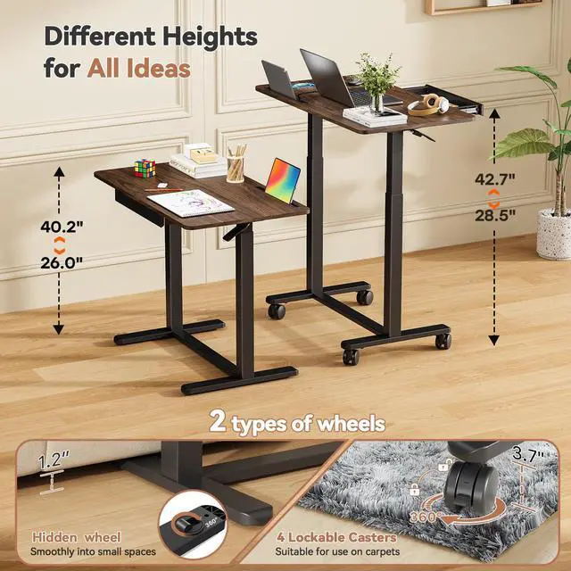 Alt view image 3 of 7 - Mobile Standing Desk with Drawer, Height Adjustable, 35" Walnut | Small Rolling Desk & Table, Pneumatic Computer Sit Stand Workstation, Portable Laptop Cart w/ Hidden Wheels, Lockable Casters