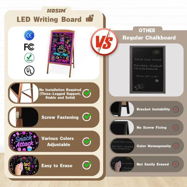 Alt view image 4 of 7 - LED Message Writing Board 28"x20", Standing A-Frame Wooden LED Message Sign Board Illuminated Erasable Neon Restaurant Menu Sign, 8 Colors Markers & 16 Lighting Colors Flashing DIY Chalkboard