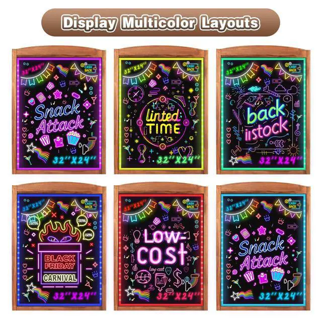 Alt view image 3 of 7 - LED Message Writing Board 28"x20", Standing A-Frame Wooden LED Message Sign Board Illuminated Erasable Neon Restaurant Menu Sign, 8 Colors Markers & 16 Lighting Colors Flashing DIY Chalkboard