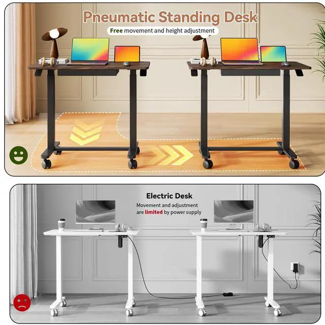 Alt view image 6 of 7 - Mobile Standing Desk with Drawer, Height Adjustable, 35" Walnut | Small Rolling Desk & Table, Pneumatic Computer Sit Stand Workstation, Portable Laptop Cart w/ Hidden Wheels, Lockable Casters