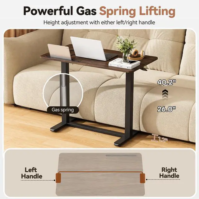 Alt view image 7 of 7 - Mobile Standing Desk with Drawer, Height Adjustable, 35" Walnut | Small Rolling Desk & Table, Pneumatic Computer Sit Stand Workstation, Portable Laptop Cart w/ Hidden Wheels, Lockable Casters