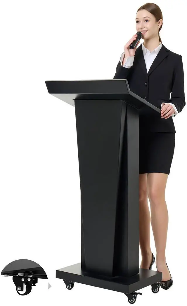 Main image of Podium Stand with 4 Locking Wheels, Lecterns & Podiums for Church School Office Conference Home, Heavy Duty Metal, Large Storage Area, Slant Desktop, 50.4" H