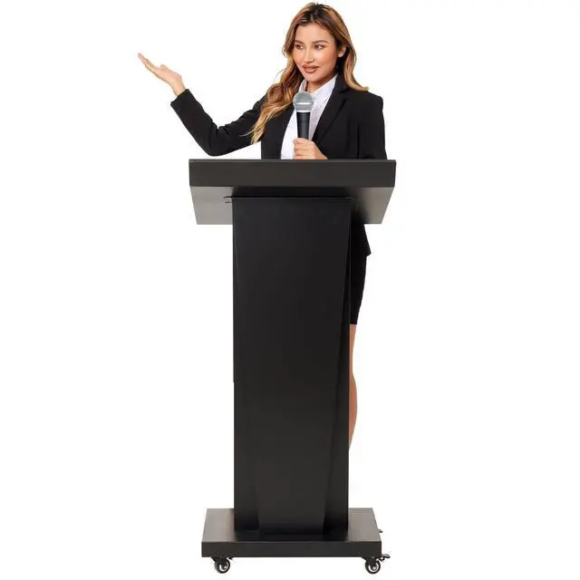 Alt view image 2 of 7 - Podium Stand with 4 Locking Wheels, Lecterns & Podiums for Church School Office Conference Home, Heavy Duty Metal, Large Storage Area, Slant Desktop, 50.4" H