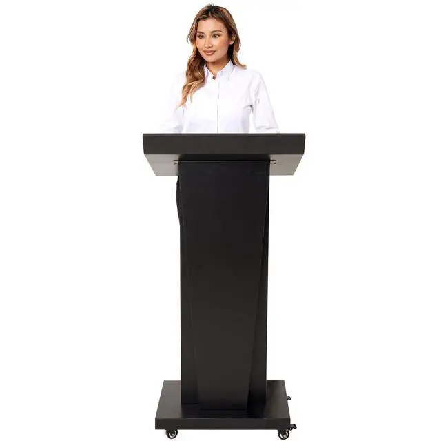 Alt view image 4 of 7 - Podium Stand with 4 Locking Wheels, Lecterns & Podiums for Church School Office Conference Home, Heavy Duty Metal, Large Storage Area, Slant Desktop, 50.4" H
