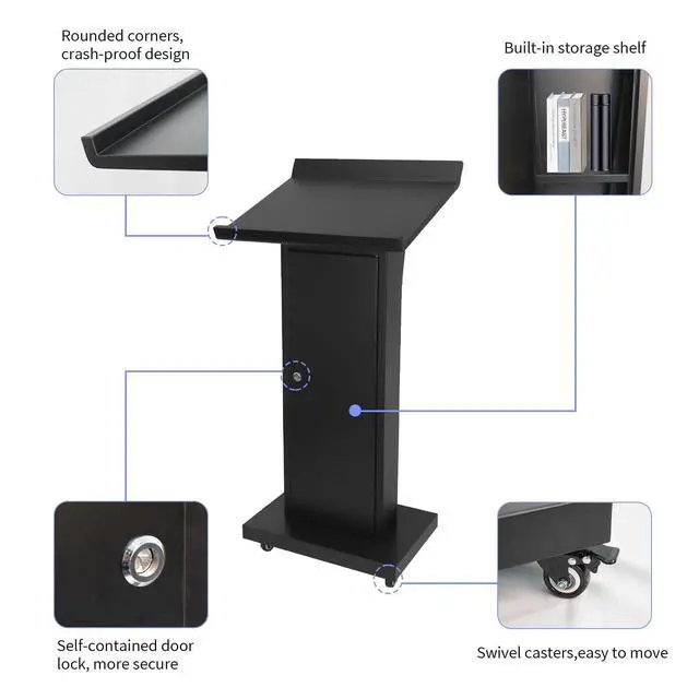 Alt view image 6 of 7 - Podium Stand with 4 Locking Wheels, Lecterns & Podiums for Church School Office Conference Home, Heavy Duty Metal, Large Storage Area, Slant Desktop, 50.4" H