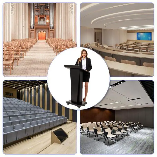 Alt view image 5 of 7 - Podium Stand with 4 Locking Wheels, Lecterns & Podiums for Church School Office Conference Home, Heavy Duty Metal, Large Storage Area, Slant Desktop, 50.4" H