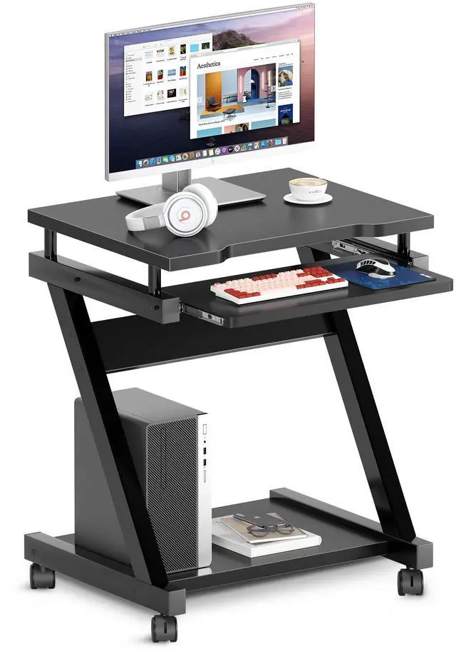 Main image of Mobile Computer Desk with Pull-Out Keyboard Tray & Wheels | Modern Compact Rolling Workstation for Home Office, Small Portable Space Saving Laptop Table, 23.6"L x 18.9"W x 28.7"H, Black