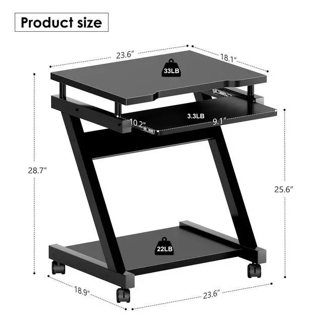 Alt view image 3 of 7 - Mobile Computer Desk with Pull-Out Keyboard Tray & Wheels | Modern Compact Rolling Workstation for Home Office, Small Portable Space Saving Laptop Table, 23.6"L x 18.9"W x 28.7"H, Black