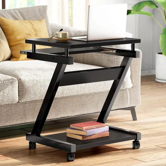 Alt view image 2 of 7 - Mobile Computer Desk with Pull-Out Keyboard Tray & Wheels | Modern Compact Rolling Workstation for Home Office, Small Portable Space Saving Laptop Table, 23.6"L x 18.9"W x 28.7"H, Black