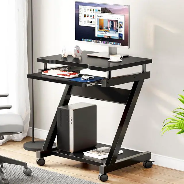 Alt view image 4 of 7 - Mobile Computer Desk with Pull-Out Keyboard Tray & Wheels | Modern Compact Rolling Workstation for Home Office, Small Portable Space Saving Laptop Table, 23.6"L x 18.9"W x 28.7"H, Black