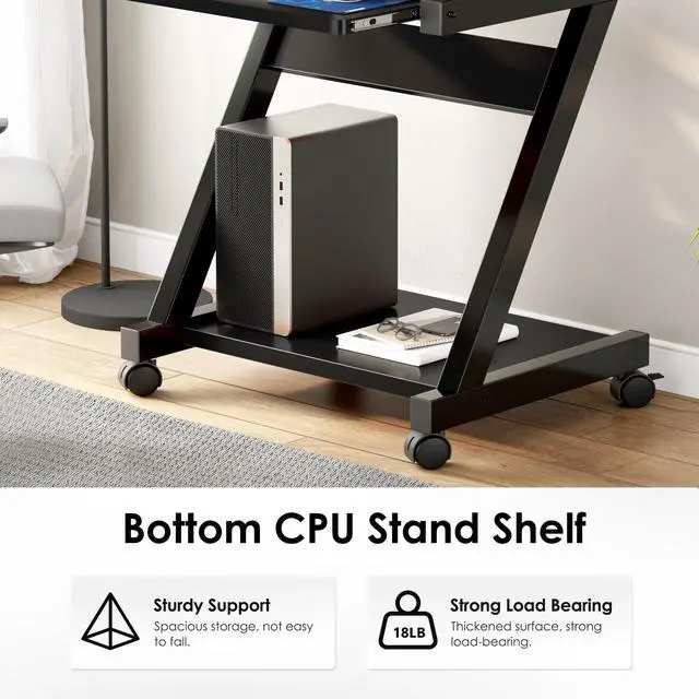 Alt view image 6 of 7 - Mobile Computer Desk with Pull-Out Keyboard Tray & Wheels | Modern Compact Rolling Workstation for Home Office, Small Portable Space Saving Laptop Table, 23.6"L x 18.9"W x 28.7"H, Black