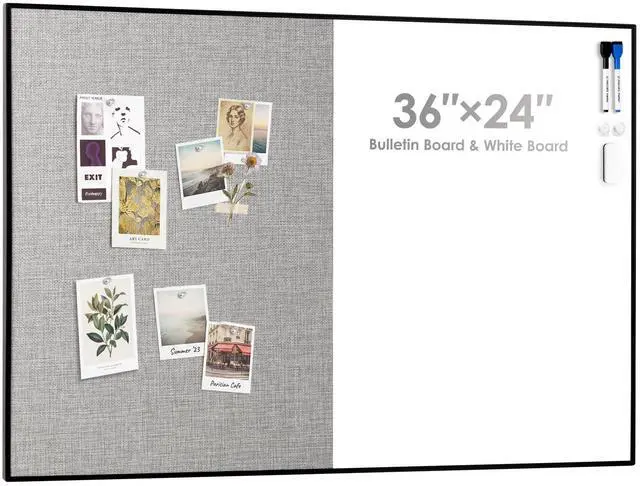 Main image of Cork Board White Board Combo, 36"X24" Linen Bulletin Board Whiteboard for Wall, Magnetic Dry Erase Corkboard for Home, Office, School, Grey