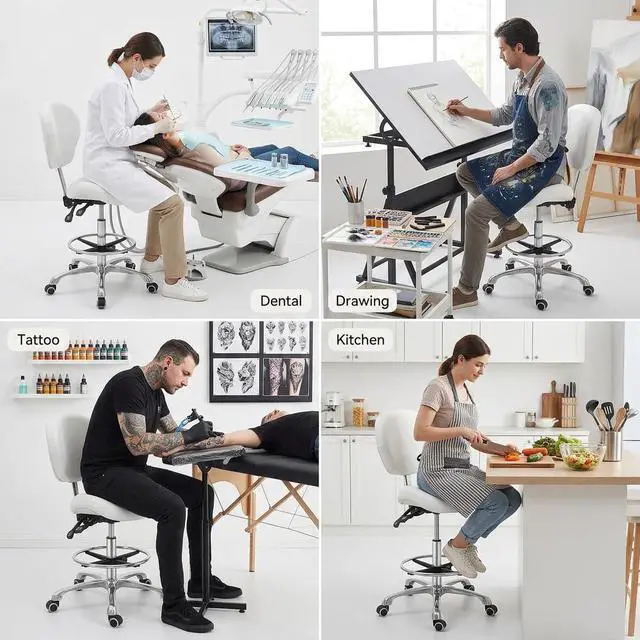Alt view image 6 of 7 - Drafting Chair Adjustable Tall Shop Stool, Rolling Chair with Backrest and Footrest for Computer, Studio, Workshop, Classroom, Lab, Counter, Home Office (White)