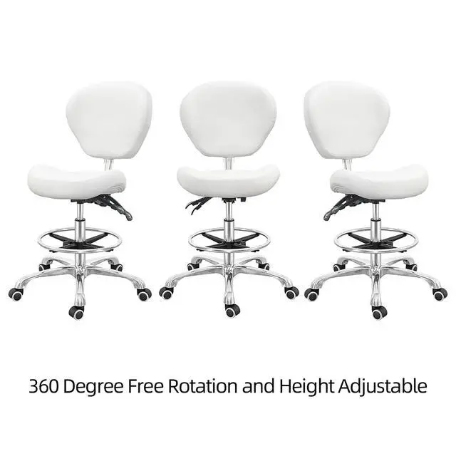 Alt view image 4 of 7 - Drafting Chair Adjustable Tall Shop Stool, Rolling Chair with Backrest and Footrest for Computer, Studio, Workshop, Classroom, Lab, Counter, Home Office (White)